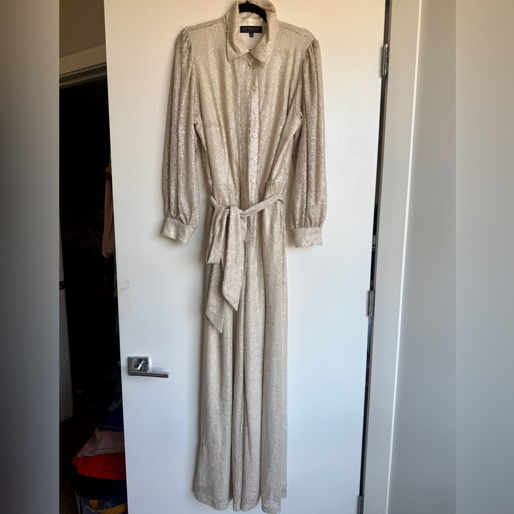 Eloquii Cream Sequin Collard Jumpsuit